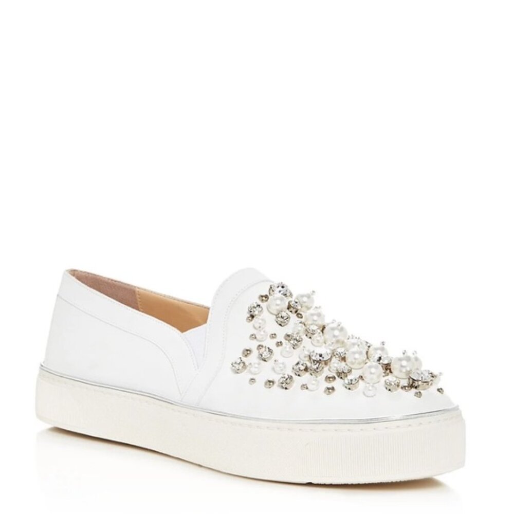 Stuart Weitzman Pearl Embellished Leather SlipOn Platform Sneakers Shoe Slides 7 - Picture 13 of 16